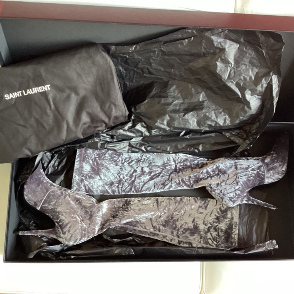 Saint Laurent Tall Velvet Stiletto Boot - Gray SZ 6.5/36.5 - Picture 3 of 11
